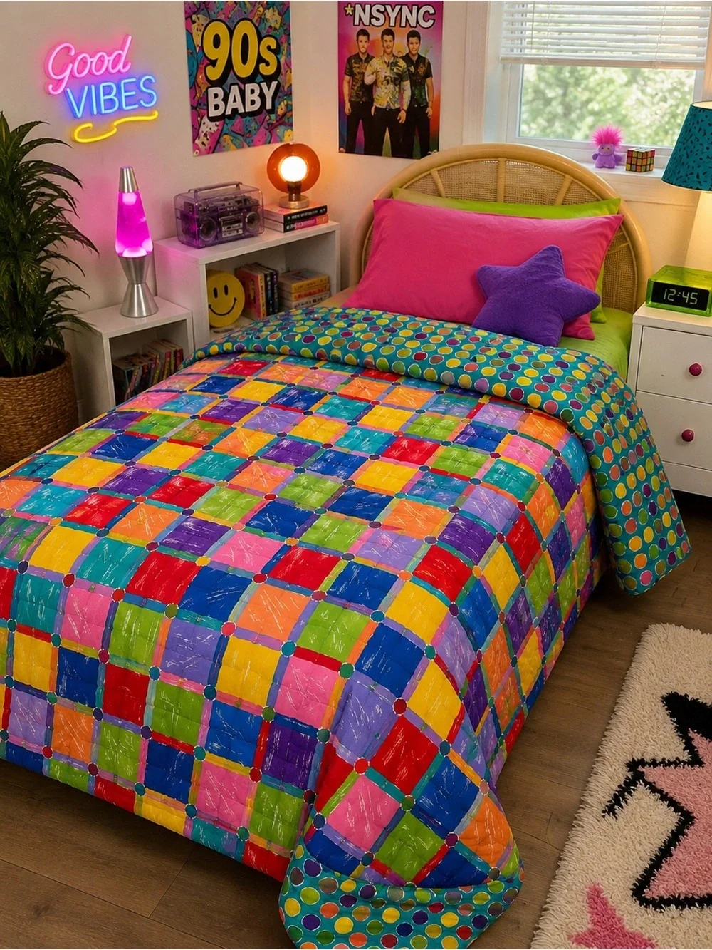90s Retro Twin XL Double Sided Bedspread Comforter Made in USA by CHF Industries